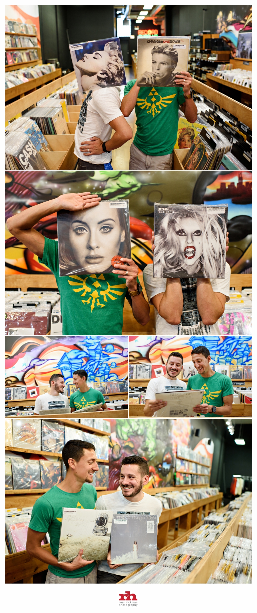 A Couple have fun in a record store on their Chicago Engagement Session.